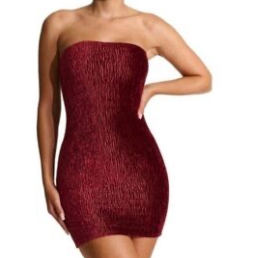 Naked Wardrobe Velvet Textured Strapless Tube Mini Dress Red Large NWT